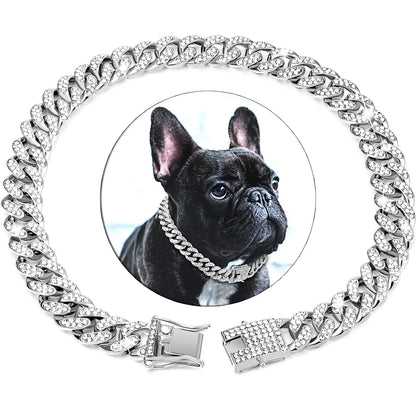 Dog Chain Diamond Collar Walking Metal Chain Collar with Design Secure Buckle Pet Cat Cuban Collar Jewelry Accessories