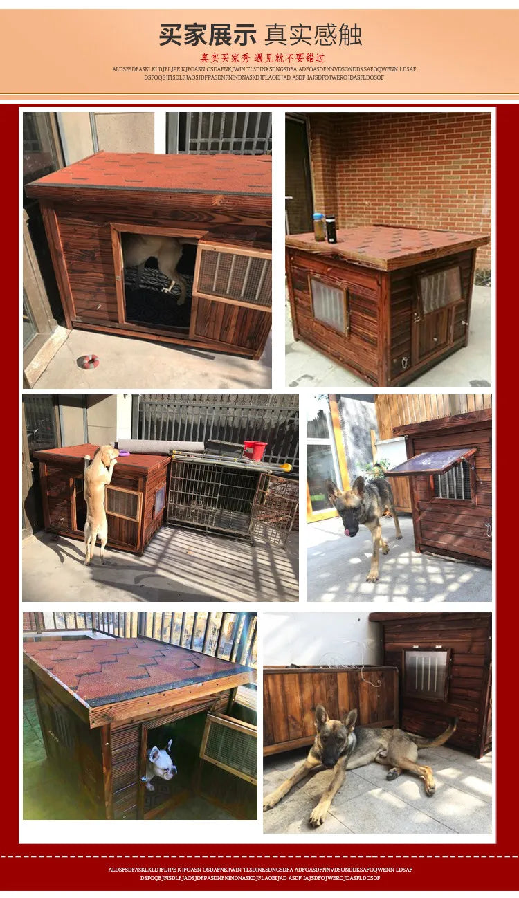 Large new solid wood kennel outdoor waterproof dog house with mat and cold-proof pet dog cage carbonized golden retriever woo