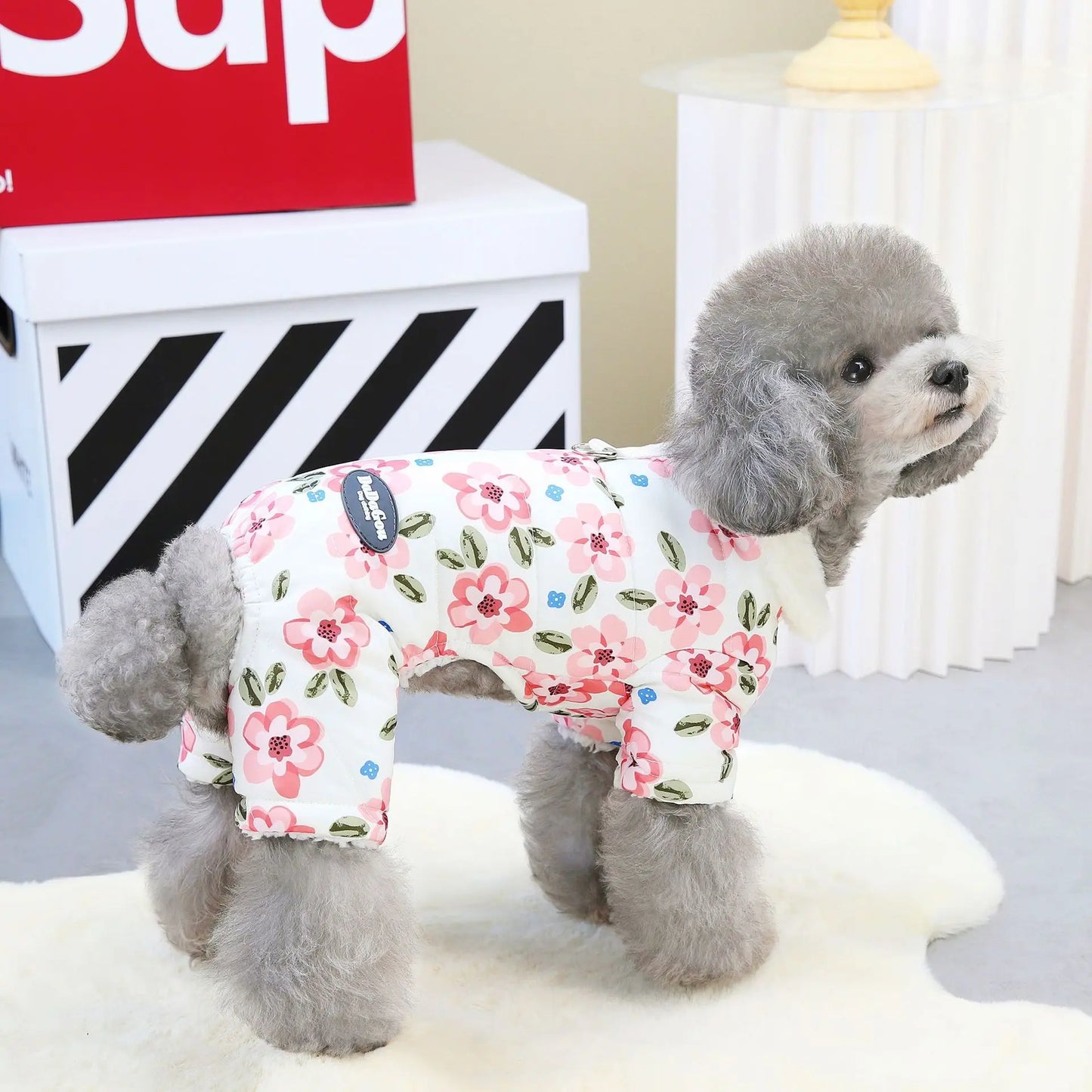 Thicken Warm Padded Dog Jumpsuit for Small Dogs, Chinese Style Floral Pattern Pet Costume Sherpa Lined Dog Winter Clothes