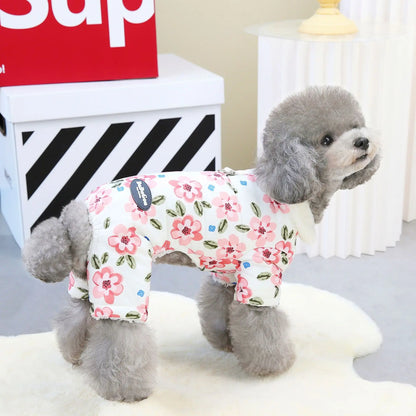 Thicken Warm Padded Dog Jumpsuit for Small Dogs, Chinese Style Floral Pattern Pet Costume Sherpa Lined Dog Winter Clothes