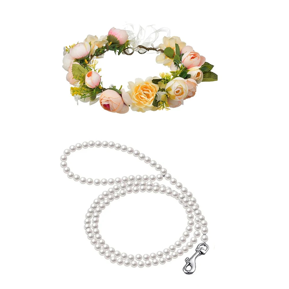 Elegant Dog Wedding Flower Collar and Leash Set for Medium Dogs,Dog Wedding Attire Wreath Bow Pearl Leash Pet Wedding Photo Prop