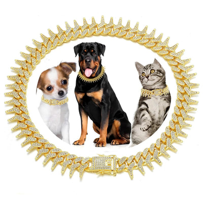 13mm Bling Diamond Chain Dog Cat Collar with Spiked Rivet Design, Luxury Gold Cuban Link Dog Collar for Small Medium Large Dogs