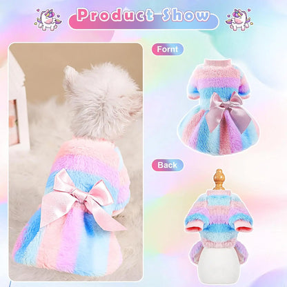 Rainbow Stripe Plush Princess Dog Dress for Small Dogs Girl Winter Puppy Cat Sweater Clothes Warm Fleece Pet Dress Bowknot Skirt