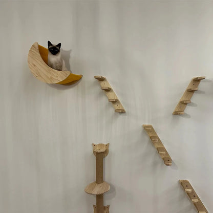 1 Piece Wooden Cat Wall Mounted House or Hammock with Climbing Ladder and Scratching Post for Kitten Playing and Sleeping