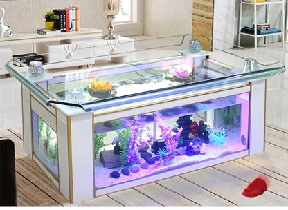 Wholesale aquarium  tank living room sofa table top ultra white curling coffee table ecological glass fish tank