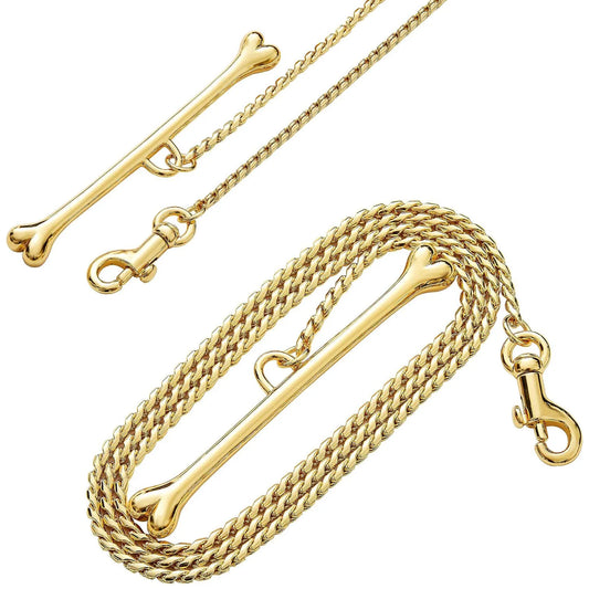 Stainless Steel Cuban Chain Dog Leash for Small Medium Large Dogs, 3ft Strong Chew Proof 18K Gold Dog Rope Chain with Bone Hand