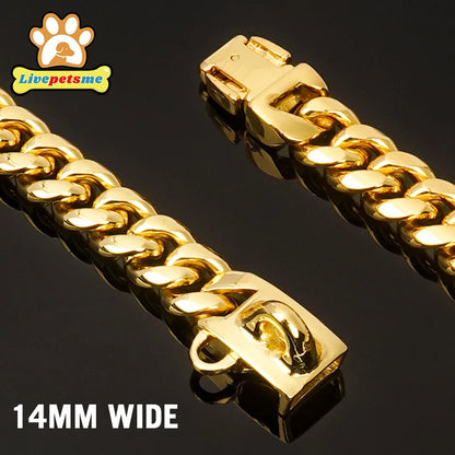 Strong Stainless Steel Dog Collar Choke with Safety Buckle Lock Golden Cuban Link Chain Metal Necklace Training Collar for Pets
