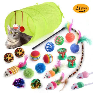 Cross-border new pet cat toy set colorfulfulful feather fishing rod caterpillar bell replaceable head funny cat stick