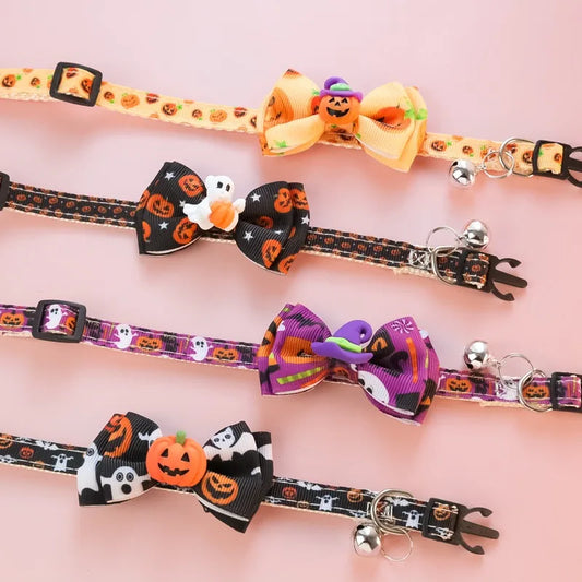 Bow Knot Halloween Pet Dog Collar Pumpkin Witch Hat Adjustable Neck Accessories for Cats Safety Buckle Decorate Pet Necklace