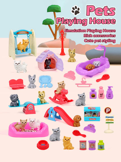 8pcs/set Cute Dog Pet Basket Family Toys Dog Doll Set Dog Cage Toys Scene Playing Toys Christmas Decoration Gifts