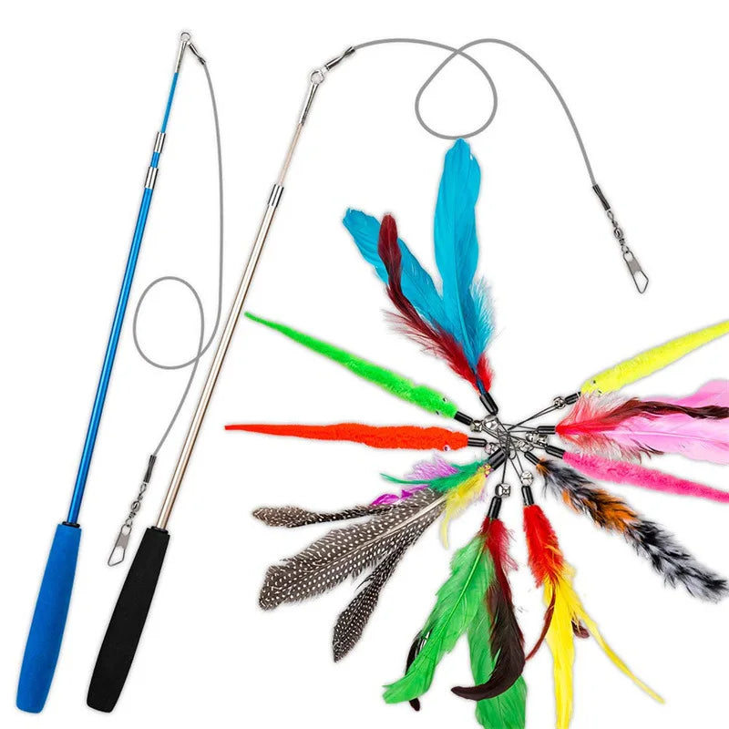 Cross-border new pet cat toy set colorfulfulful feather fishing rod caterpillar bell replaceable head funny cat stick