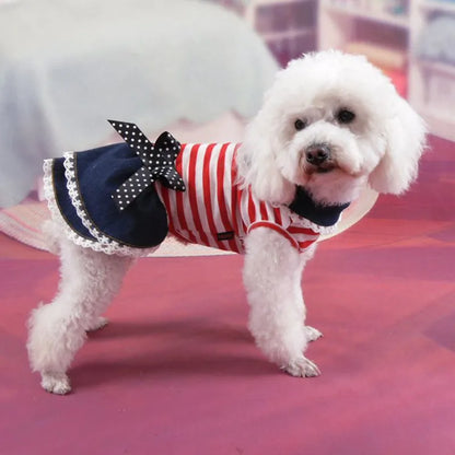 Puppy Dog Pet Stripe Costume Princess Dress Lace Pleated Lapel Stripe Bownot Princess Dress Denim Skirt XS-L Pet Supplies