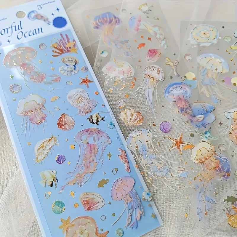 Shimmering 3D Gilding Sticker Set - Dragonfly, Jellyfish & Feather Designs - 3 Sheets/pack - Premium PET Decor for Notebooks, Sc