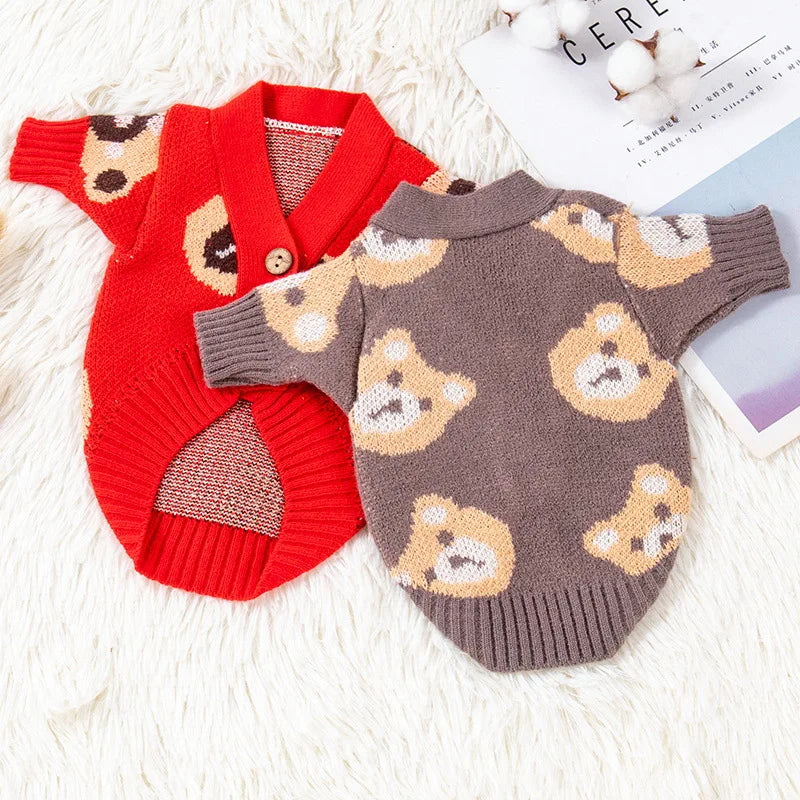 Dog Sweater 2024 Bear Print Cardigan Coat Dog Knitted Sweater Chihuahua French Bulldog Bichon Fashion Dog Clothes Puppy Apparel