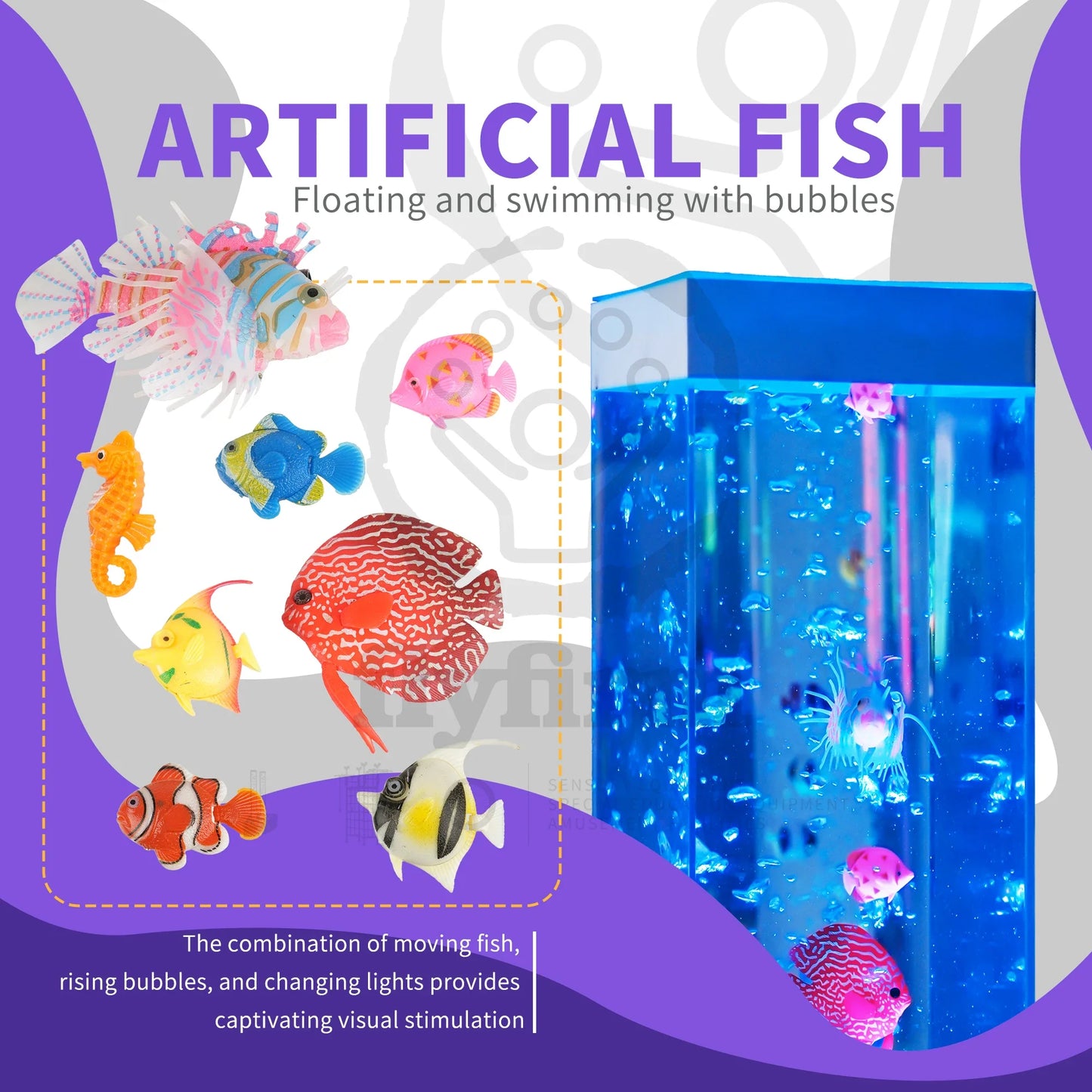Flyfirm 32 Inch 8-Color Changing Sensory Bubble Aquarium with LED Lights 12 Floating Fish, Perfect for Autism,Anxiety Therapy