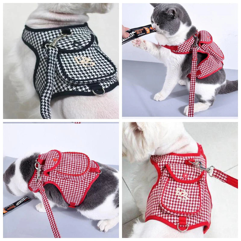 Houndstooth Small Vest PetDog Backpack Harness With Pocket Leash Lead Set Outdoor Pet Collar Walking Puppies Cats Carrier Bags