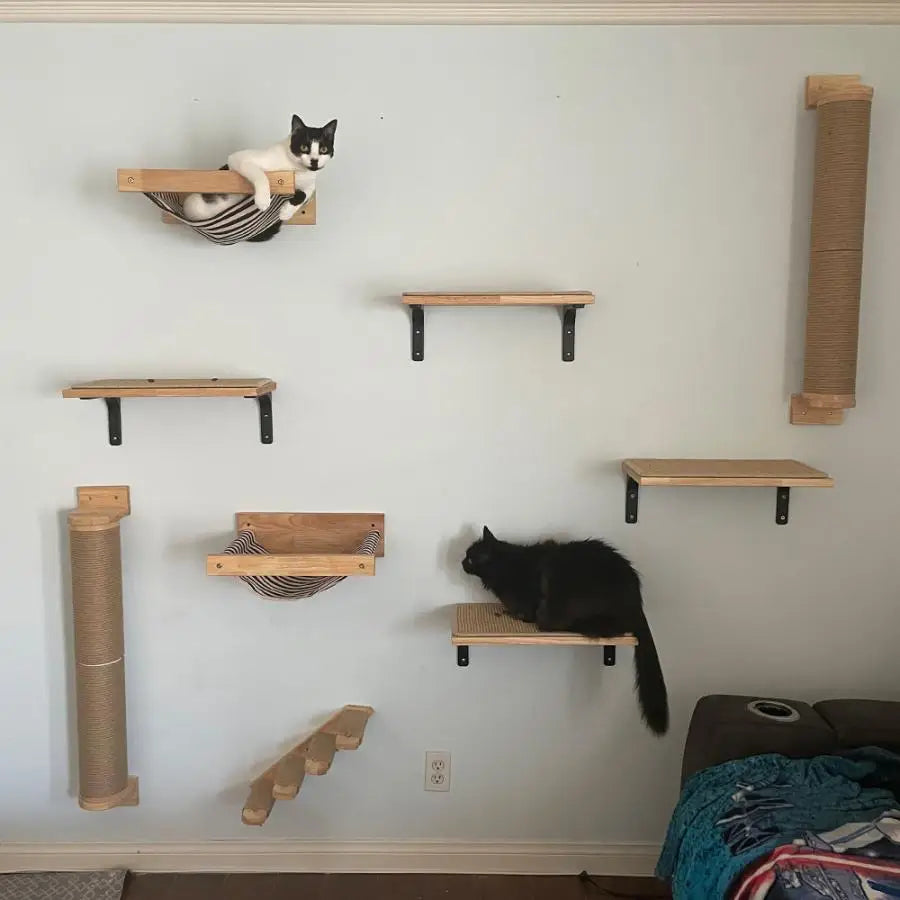 1 Piece Cat Wall Mounted Wood Frame Hammock and Platform with Scratching Post or Feeder Cat Living Playground Indoor Furniture