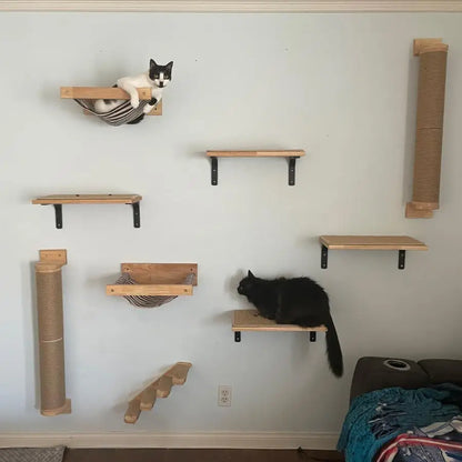 1 Piece Cat Wall Mounted Wood Frame Hammock and Platform with Scratching Post or Feeder Cat Living Playground Indoor Furniture