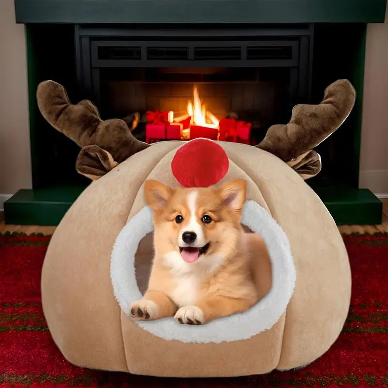 Christmas Winter Cat Cave Bed Dog Tent Christmas Reindeer Tent Washable Removable Cushion for Indoor Small Dogs And Cats