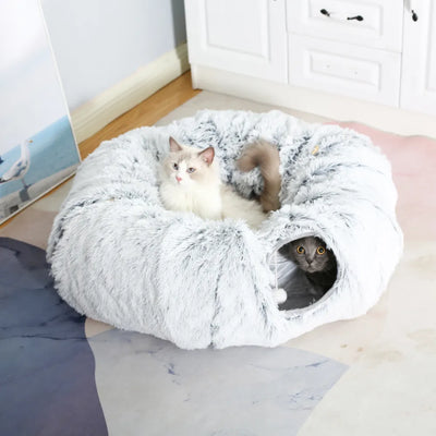 Plush Pets Cat Kennel Gray Foldable Round Cats Nest Crossing Tunnel Bed Winter Warm Collapsible Basket Cushion Mat Pet Supplies