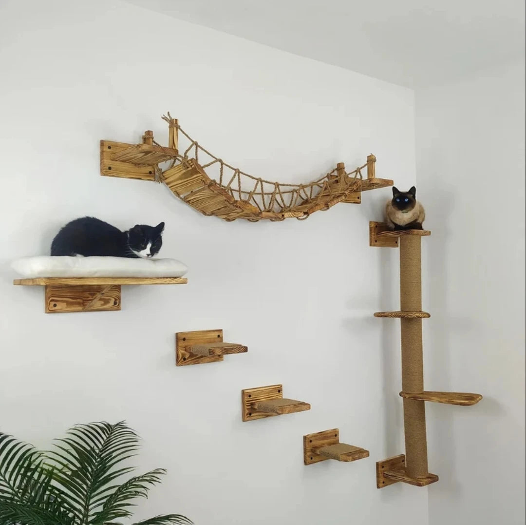Wall-mounted Cat Climbing Frame Hammock Sisal Four-step Cat Stairs Grab Post Platform Cat Sleeping Activities Indoor Furniture