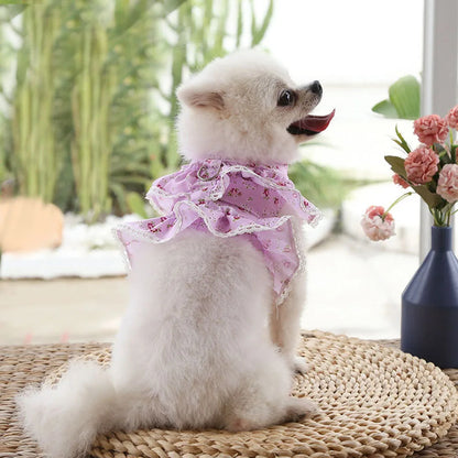 Pink Flower Puppy Harness Mesh Breathable Small Girl Dog Cat Vest Harness Cute Doggy Lace Dress Harness with Leash for Walking