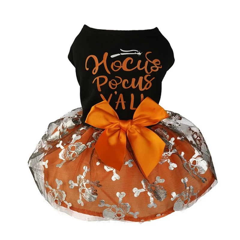 Halloween Dog Costume Funny Dog Clothes Pumpkin Print Pet Dress Chihuahua Bichon Clothing Bow Lace Festival Skirt Cat Dresses