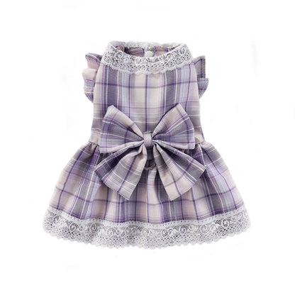 Plaid Dog Dress Bowtie Harness Dress for Small Dogs Cats Girl Cute Lace Trim Princess Dresses Spring Summer Puppy Rabbit Clothes