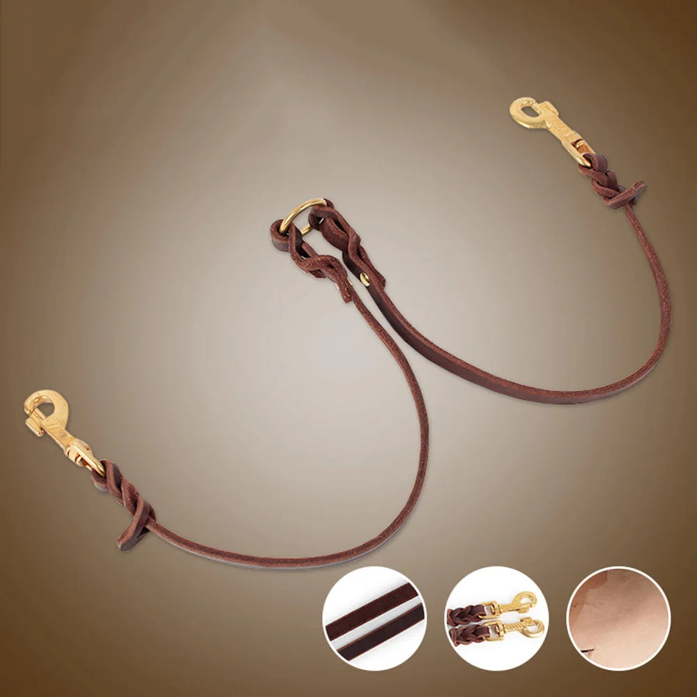 Real Leather Double Dog Leash No Tangle Dual Dog Leashes Coupler Pet Training and Walking Leads for 2 Puppies Small Medium Dogs