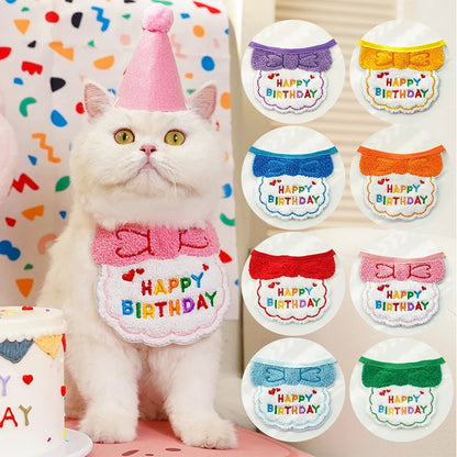 Lightweight Polyester Pet Cat Collars Birthday Decorate Puppy Chihuahua Saliva Necklace Cap Lace Up Adjustable Kitten Bandana