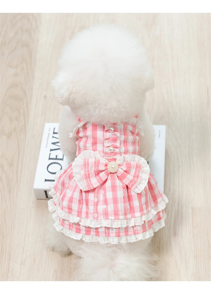 Princess Lattice Dog Fancy Dress Lace Bow Tie Vest Skirt Clothing for Cats Pearl Female Puppy Overalls Lovely Pet Dog Clothes
