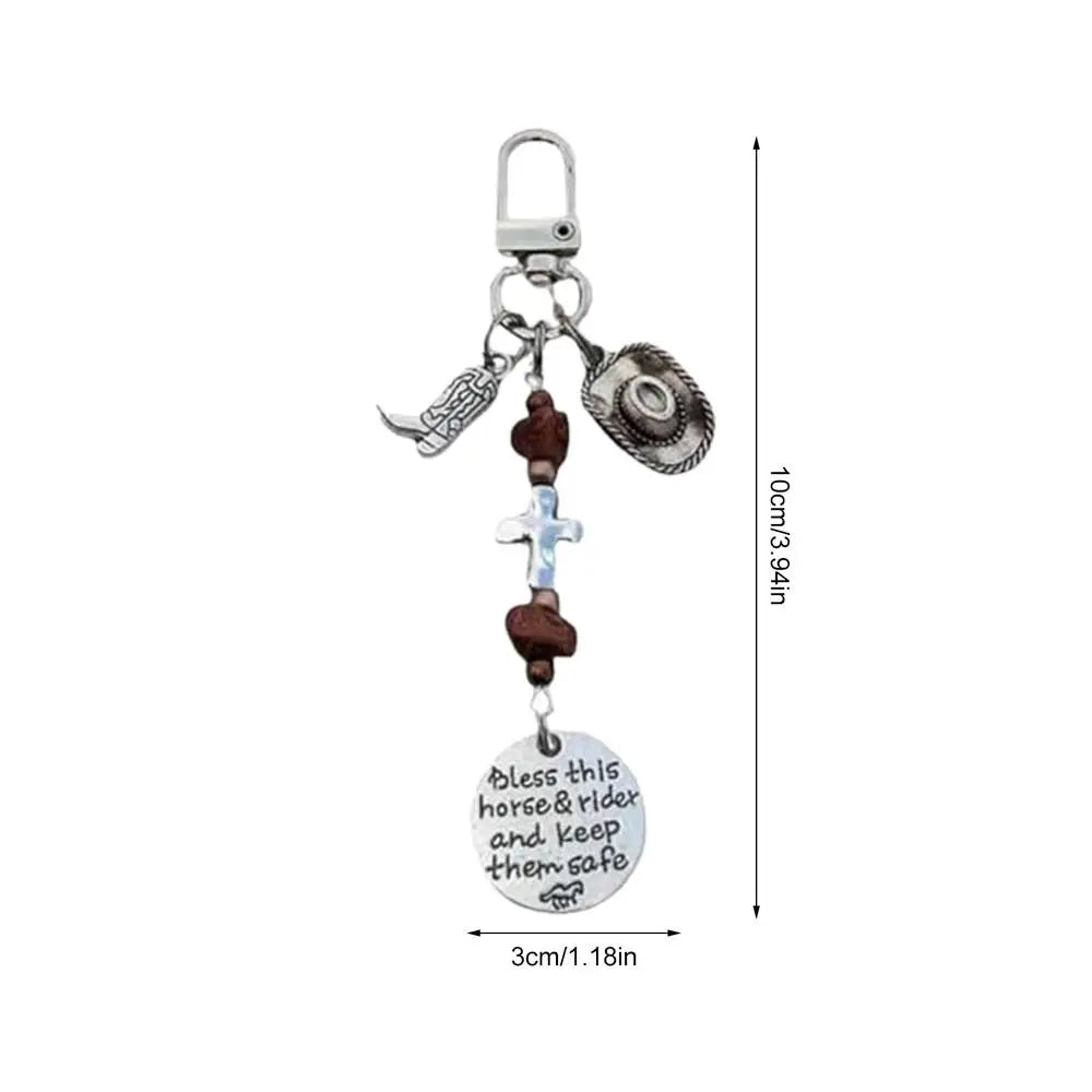 Saddle Rope Key Chain Vintage Horseshoe Cowboy Keychain Pendant With Feather Western Alloy Keychain With Safety Buckle Carved