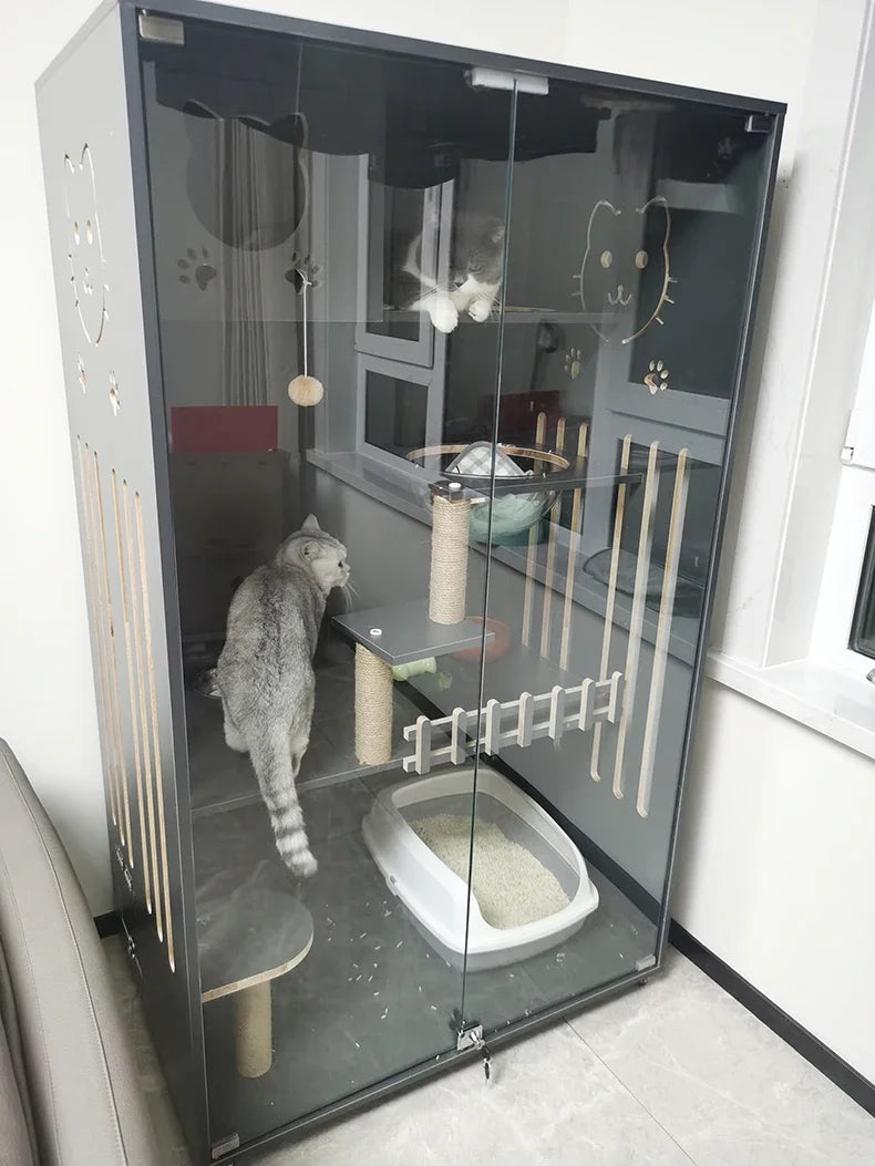 Retro Solid Wood Cat Cage for Living Room Cat House Two-layer One-piece Movable Light Luxury Creative  Cage for Cats