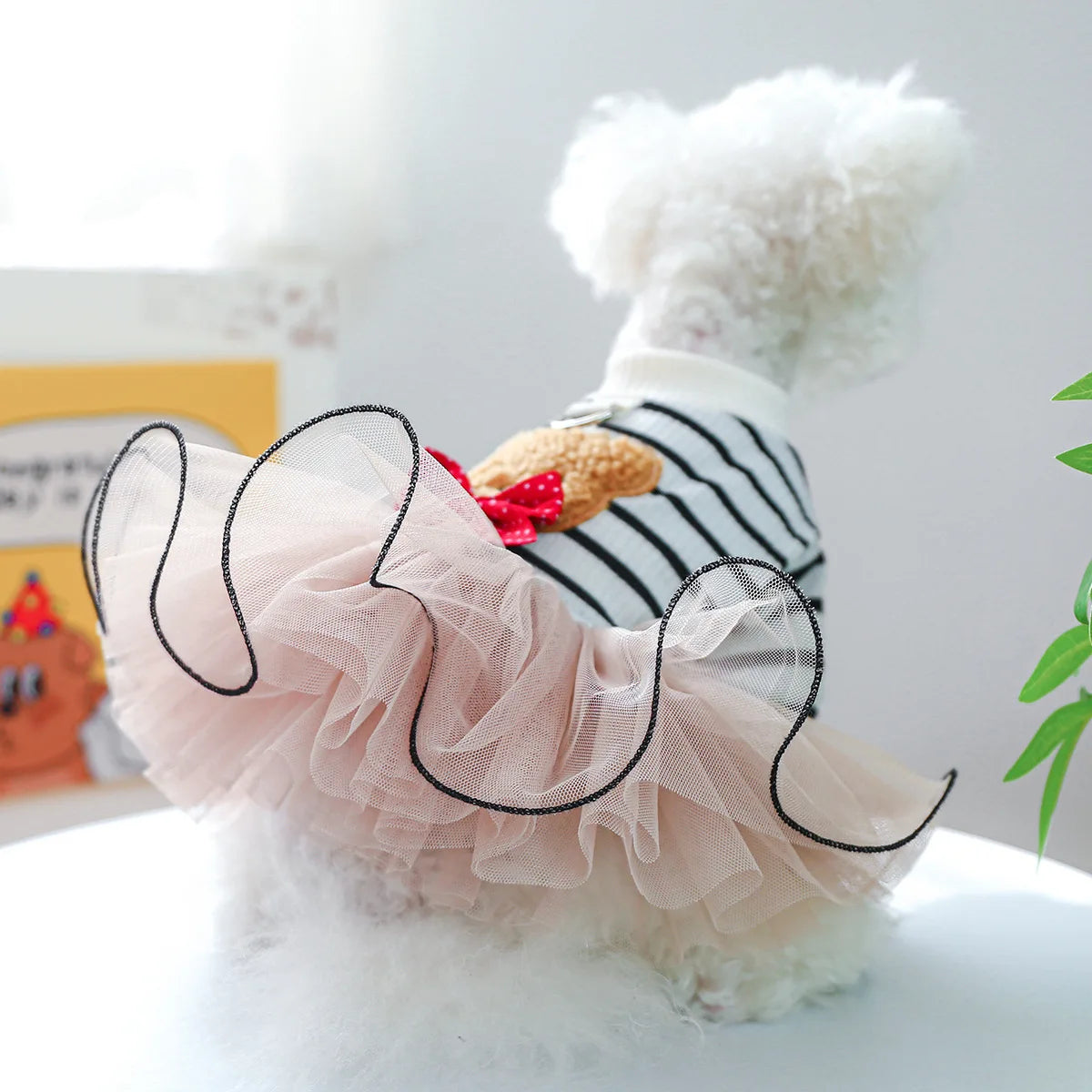 Cute Bear Stripe Dog Dress for Small Dogs, Luxury Tiered Layer Tulle Tutu Dress Princess Skirt Spring Autumn Puppy Pet Clothes