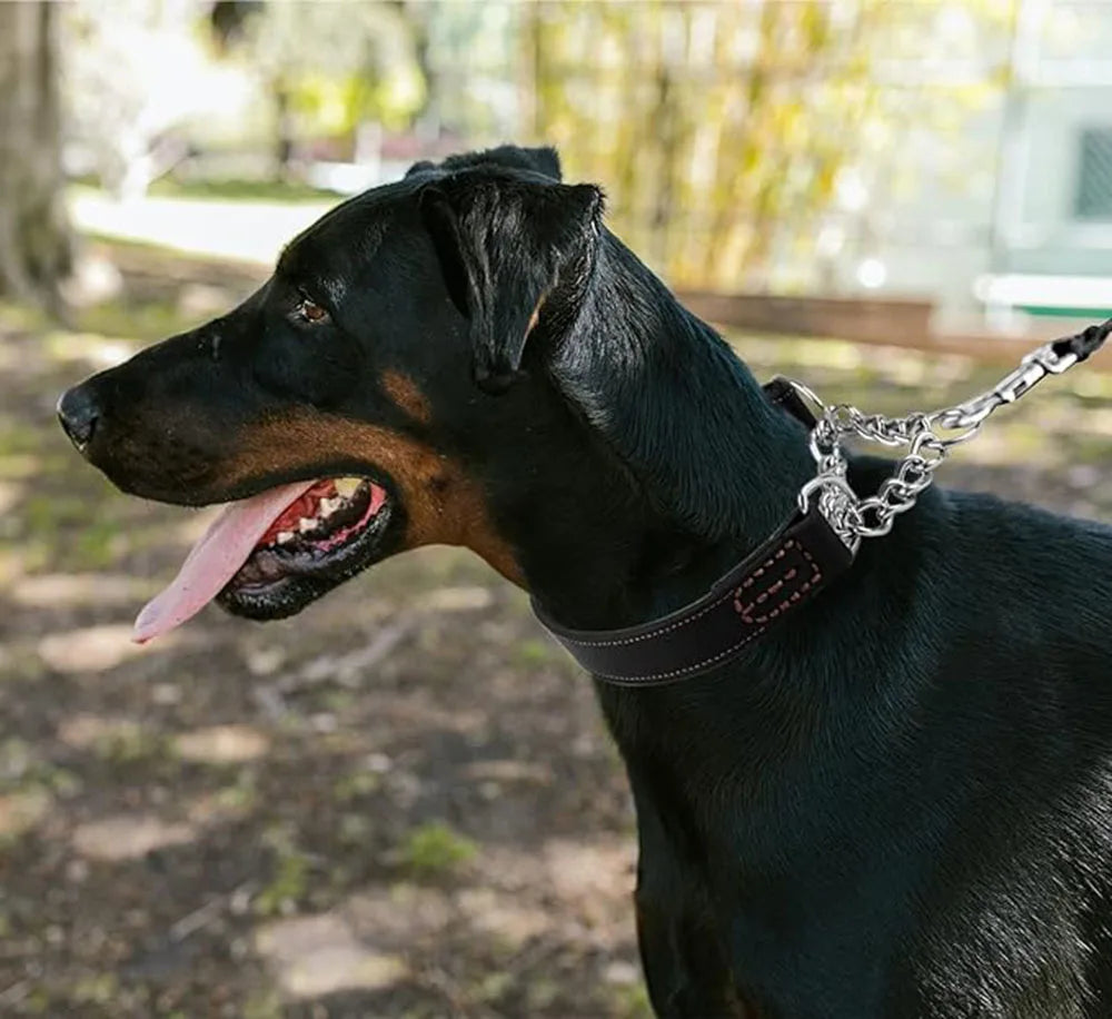 Dog Choke Collar Genuine Leather Dog Collar Dog Choking Chain Collar Stainless Steel Chain No Pull Dog Leather Training Collar