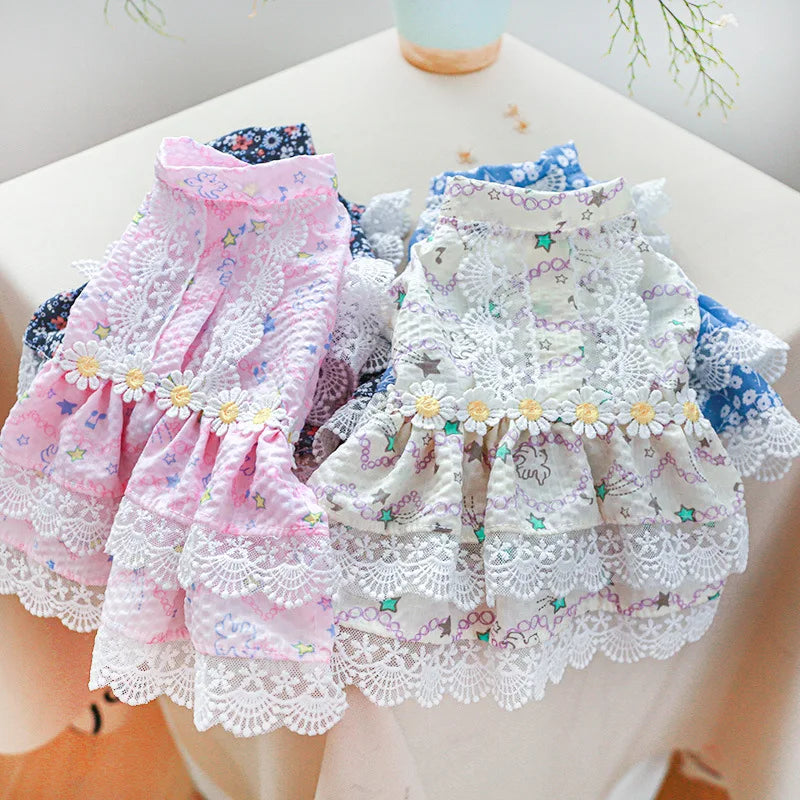 Floral Summer Clothes for Small Dogs Short Sleeve Lace Pink Sphinx Cat Dresses Princess Party Wear Breathable Pet Clothing