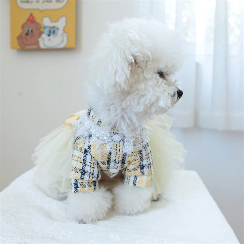 Yellow Ribbon Dresses for Dogs Sweet Dream Princess Autumn Pet Skirt French Bulldog Overalls Lattice Yellow Warm Cat Clothing