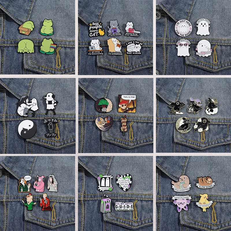 Funny Animal Sets Enamel Pins Cartoon Anime Figure Ghost Spooky Cute Cat Bird Brooches Backpack Lapel Badge Punk Jewelry Gifts