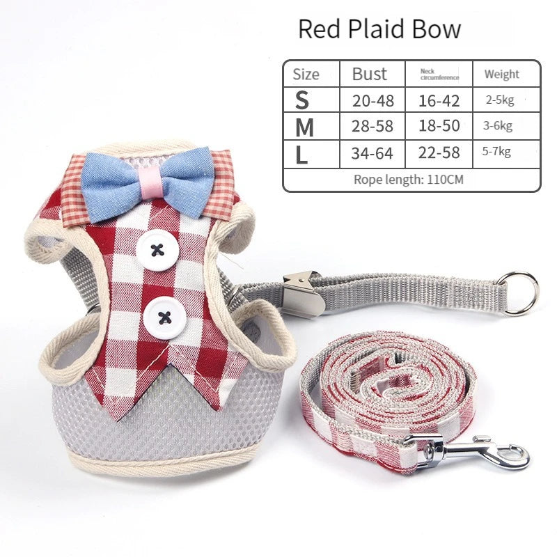 Dog Harness with Bow Plaid Cat Harness Adjustable Length Pet Harness with Dog Leash Four Colors Dog Harness and Leash Set
