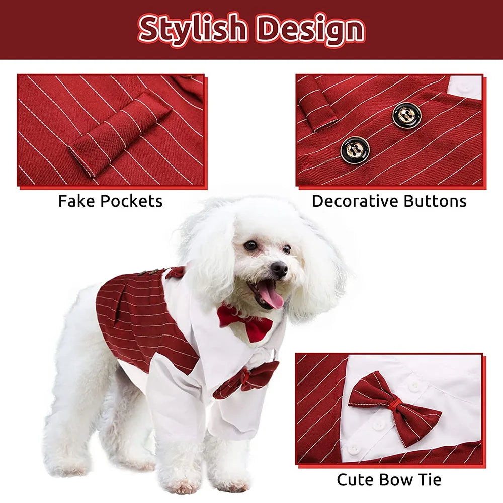 Dog Tuxedo Formal Dog Suit Shirt with Bow Tie Pet Stripe Suit for Wedding Birthday Party Puppy Prince Costume for French Bulldog