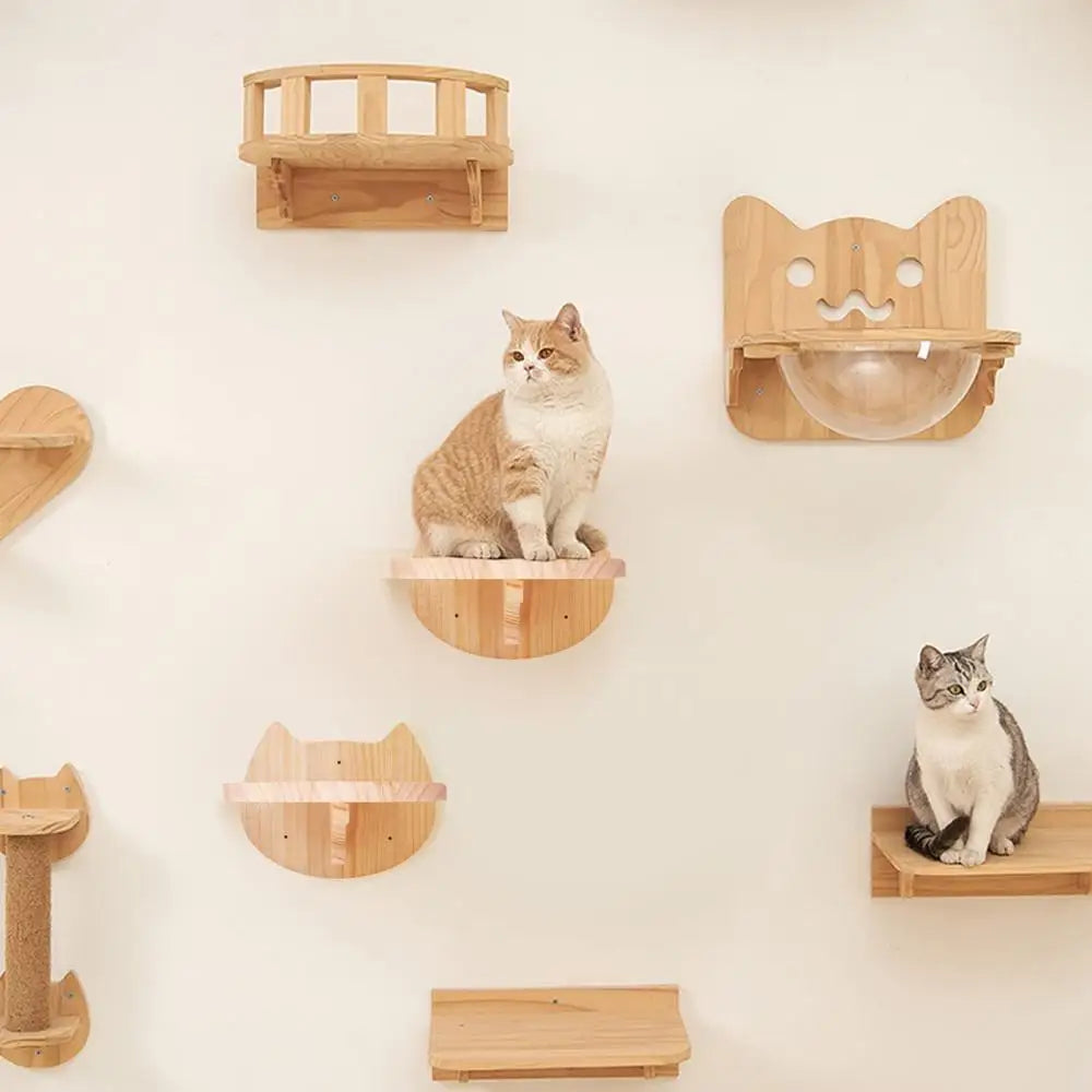 Cat Climbing Shelves Wall Mounted Platform and Hammock with Scratching Post Cat Pet Wooden Furniture for Sleeping and Playing