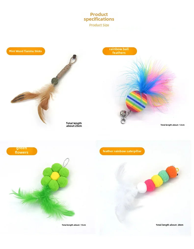Cross-border cat teasing stick replacement head rainbow caterpillar wood teana stick cat toy funny cat bell hair ball replace...