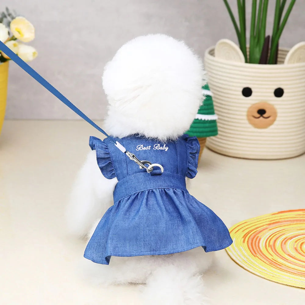 Dog Dress for Small Dogs Girl Clothes Dog Denim Dress Puppy Skirts Summer Pet Dress with Harness Hole for Small Medium Dogs Cats
