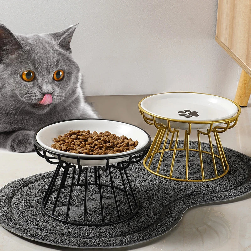 Pet Ceramic Bowl Cat Metal Bowl Rack Ceramic Drinking Feeding Bowl Snack Canned Food Plate Anti-Cervical Spondylosis Food Basin