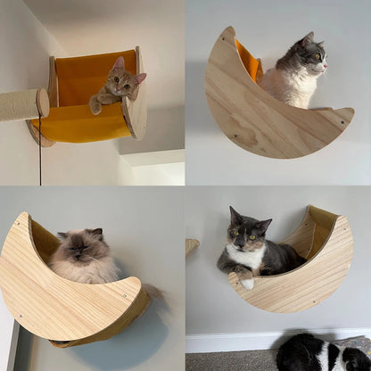 Cat Climbing Shelf Furniture Wall Mounted Cat Hammock and Wooden Stairway with Scratching Post for Cats Indoor Playing and Rest