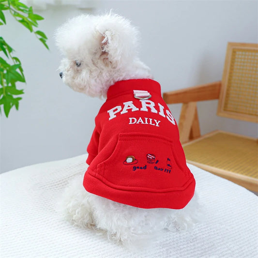 Embroidery Paris Pet Cat Sweatshirt for French Bulldog Warm Fleece Small Medium Dog Clothing New Year Winter Red Puppy Overalls
