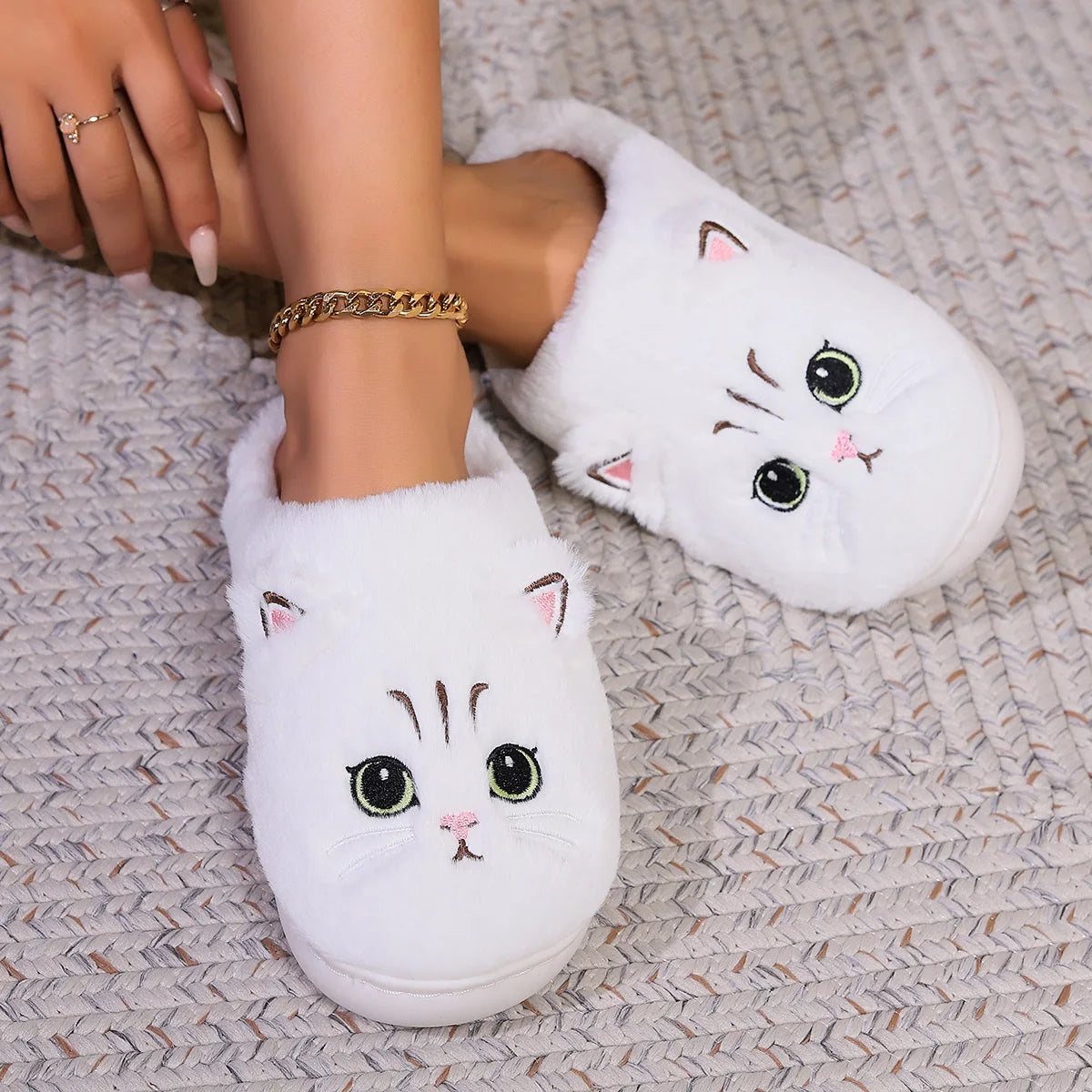 Kawaii Cartoon Cat Fuzzy Slippers - Ultra Soft Fabric Inner, Plush Flat Sole, Cozy Warmth, TPR Durable Outsole, Fabric Upper - P