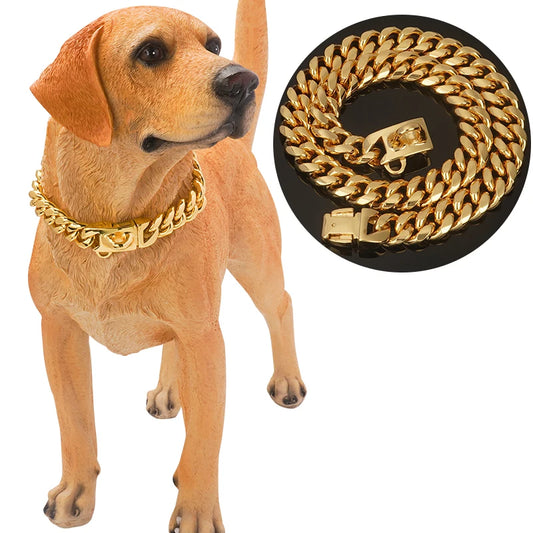 Stainless Steel 18K Gold Dog Collar, Wide Pet Choker, Metal Dog Necklace, Pet Supplies, Accessories for Dogs, 14mm