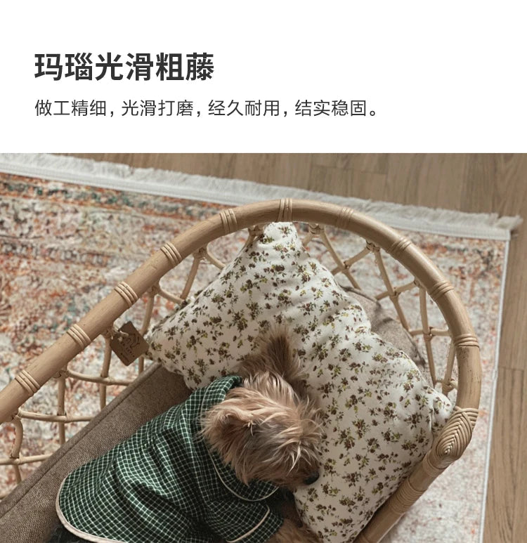 Japanese ins natural rattan dog cat pet bed teddy kennel princess bed summer removable cage