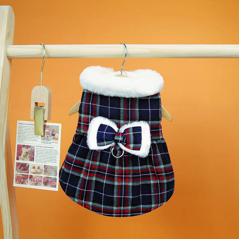 Christmas Plaid Clothes Thermal Fleece Lined Dog Winter Dress Coat with Luxury Faux Fur Collar for Small Dogs Puppy York Beagle